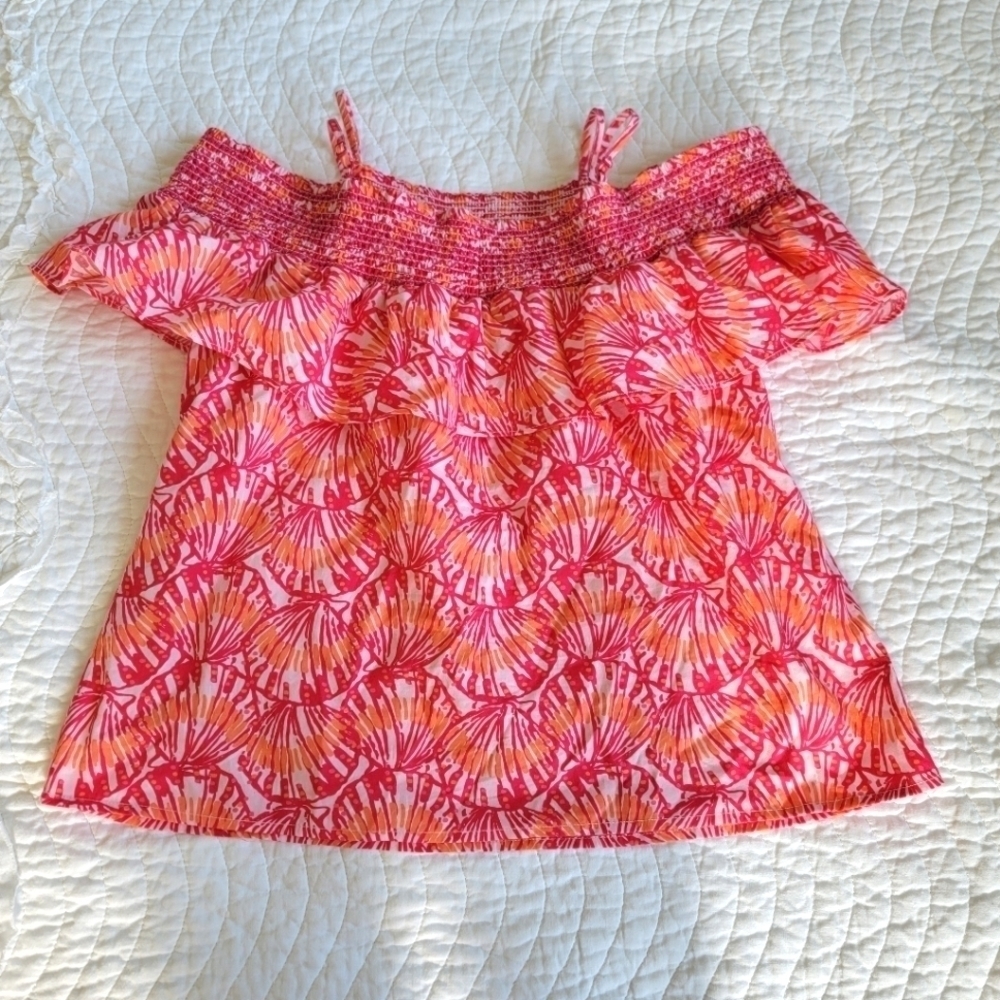 Vineyard Vines Seashell Print Off Shoulder Ruffle Top size XS Orange Pink